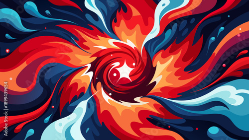 A vibrant blue ocean wave crashes with white foam, rendered in a mosaic-like, stained-glass illustration style against an orange sky filled with geometric stars and circles.