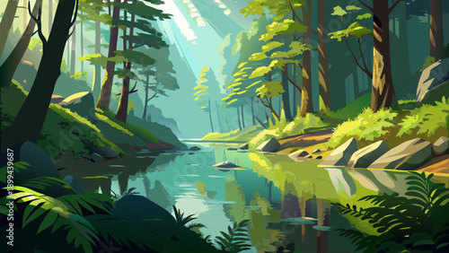 A vibrant blue ocean wave crashes with white foam, rendered in a mosaic-like, stained-glass illustration style against an orange sky filled with geometric stars and circles.