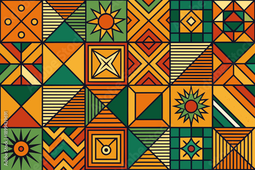 A vibrant blue ocean wave crashes with white foam, rendered in a mosaic-like, stained-glass illustration style against an orange sky filled with geometric stars and circles.