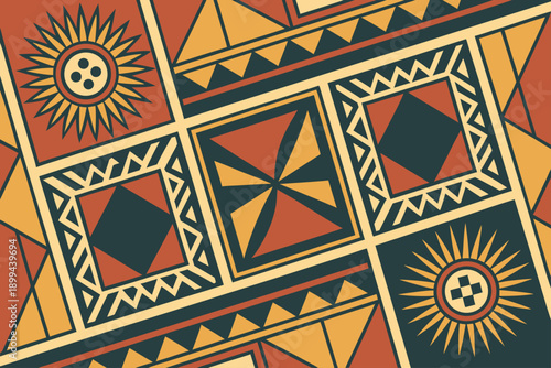 A vibrant blue ocean wave crashes with white foam, rendered in a mosaic-like, stained-glass illustration style against an orange sky filled with geometric stars and circles.