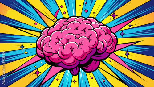 A vibrant blue ocean wave crashes with white foam, rendered in a mosaic-like, stained-glass illustration style against an orange sky filled with geometric stars and circles.