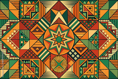 A vibrant blue ocean wave crashes with white foam, rendered in a mosaic-like, stained-glass illustration style against an orange sky filled with geometric stars and circles.