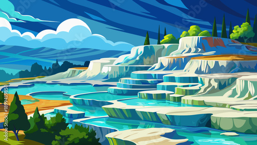 A vibrant blue ocean wave crashes with white foam, rendered in a mosaic-like, stained-glass illustration style against an orange sky filled with geometric stars and circles.