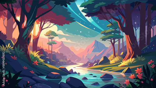 Serene tropical island beach features lush palm trees and green foliage beside tranquil turquoise ocean waters under a soft sky with large, fluffy pastel-colored clouds.