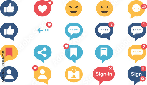 Social Media Reaction and Notification Icon Set with Likes, Comments, Messages, Emojis, Bookmarks, and Sign In Alerts for Apps, Messaging, and UI Design