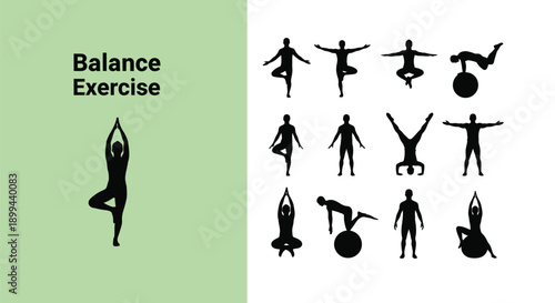 Collection of black silhouette icons illustrating various challenging body balance exercises including yoga poses and stability ball movements for fitness concepts