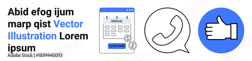 Business services, communication tools, subscription management, customer engagement, financial planning, user feedback. Calendar subscription, call icon and thumbs-up illustration. Subscription