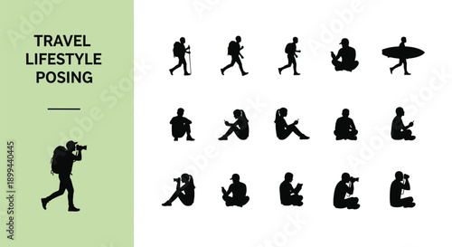 Collection of black silhouette icons depicting various travel and outdoor lifestyle activities including hiking cycling surfing and photography posing options