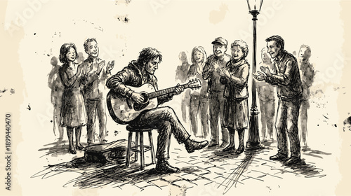 Vintage Musician Playing Guitar for Children.