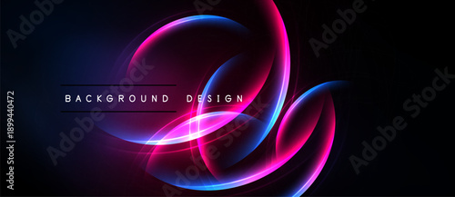 Abstract neon lines form swirling shapes against dark background. Vibrant colors create modern, dynamic visual effect.