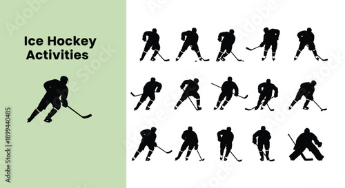Collection of ice hockey player silhouettes demonstrating various dynamic actions like skating shooting and stick handling for sports graphics design
