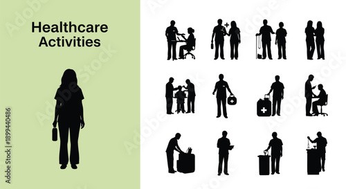 Collection of black silhouettes illustrating various essential healthcare activities performed by medical professionals in diverse clinical settings and scenarios