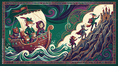 Mythical Viking Ship Sailing Through Stormy Seas.