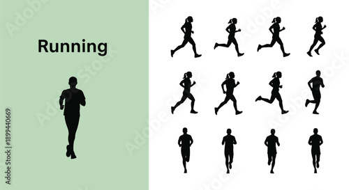 Collection of black silhouette icons depicting various running gaits and poses for male and female athletes suitable for fitness graphics.