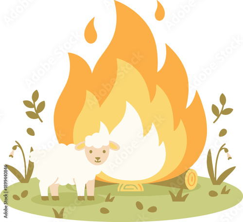 A cute little lamb stands calmly in a grassy field beside a cozy, crackling campfire, surrounded by simple, sweet spring foliage, perfect for a peaceful outdoor scene