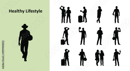 Collection of male silhouette figures demonstrating various daily activities lifestyle choices including travel exercise and healthy eating habits
