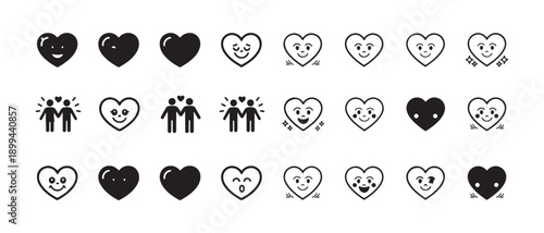 Group of thirty different heart icons with faces people embracing and various happy expressive cartoon line styles