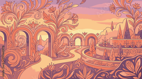 Fantasy Cityscape with Elegant Architecture and Sunset Sky.