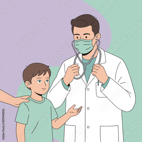 A professional male doctor in a face mask and lab coat attentively examines a young boy with a stethoscope, illustrating a pediatric medical check-up.