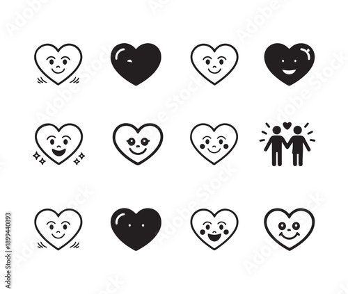 Set of twelve different heart face line and solid icons representing love affection emotion and romance