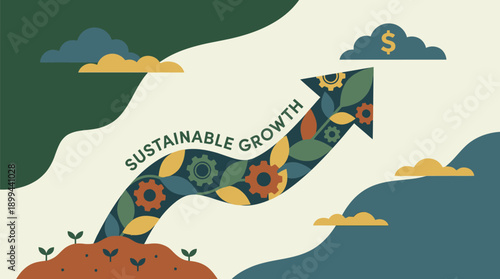 Illustration of Sustainable Growth Concept with Rocket and Arrow.