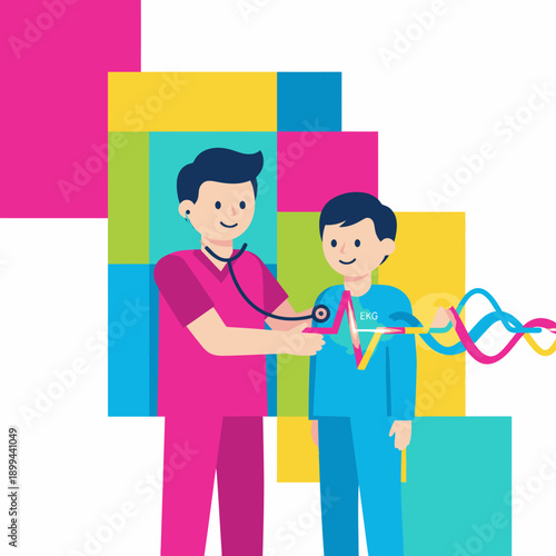 A medical professional performs a heart examination on a patient with a stethoscope, displaying an abstract ECG line and vibrant background, symbolizing modern healthcare.
