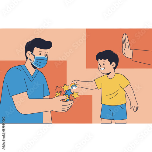A masked adult offers achievement stars to a happy child while another hand intervenes, illustrating guidance and reward systems.