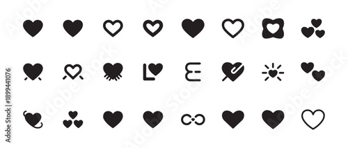 Set of diverse heart icons showcasing different styles like solid outline abstract and decorative forms