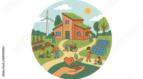 Eco-Friendly Sustainable House with Solar Panels and Wind Turbine.