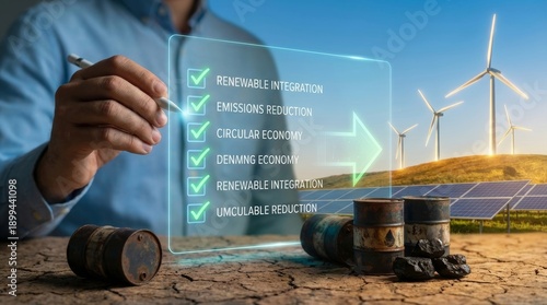 Energy transition strategy concept. Hand checking sustainability compliance and renewable integration on digital tablet, with old economy book crushing oil barrels and green power background.