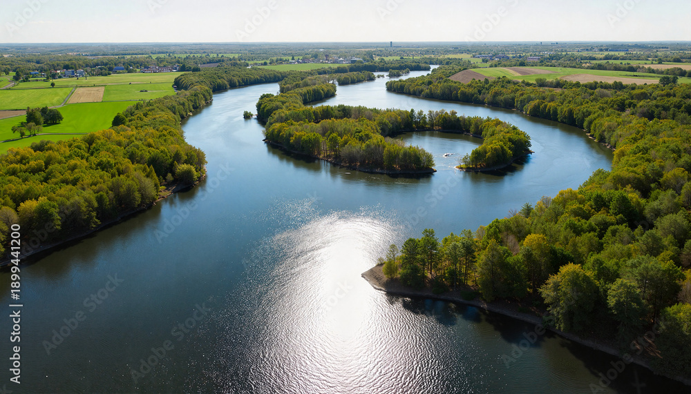 Obraz premium river making a sharp meander through farmland and forest. High sun, crisp tree shadows, the water brightly reflecting the sky