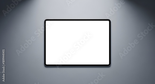 Horizontal tablet device with bright blank white screen glowing against dark gray studio background