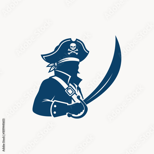 Blue Pirate Silhouette with Cutlass and Skull Hat Emblem