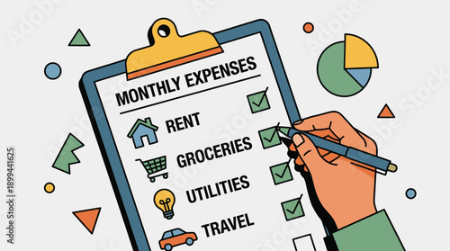 Hand Writing Checkmarks on Monthly Expenses List.