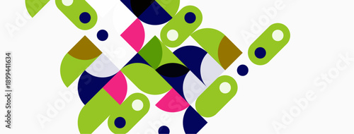 Abstract geometric shapes overlap, creating vibrant colorful composition. Circles, squares, rectangles dominate design. Modern aesthetic.