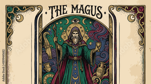 The Magus Tarot Card Illustration with Mystical Symbols.
