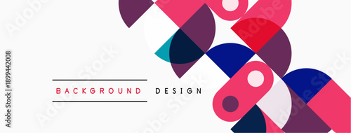 Abstract geometric shapes overlap, creating vibrant colorful background. Pink, blue, purple dominate design. Minimalist aesthetic present.
