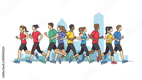 Diverse group of marathon runners compete in a long distance race through a city with a high rise skyline background.