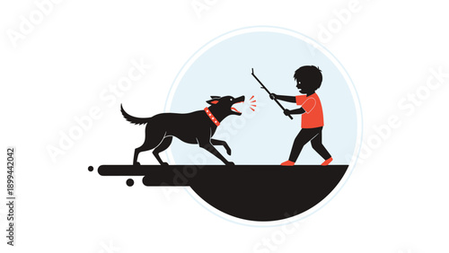 Silhouette illustration shows a brave young child holding a stick to defend themselves from a large barking black dog.