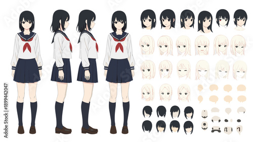 Detailed anime character design sheet for a schoolgirl includes various head angles, hair pieces, and facial features.
