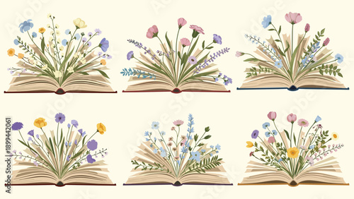 Set of six open books with beautiful wildflowers and delicate plants growing from their pages, representing knowledge and nature.