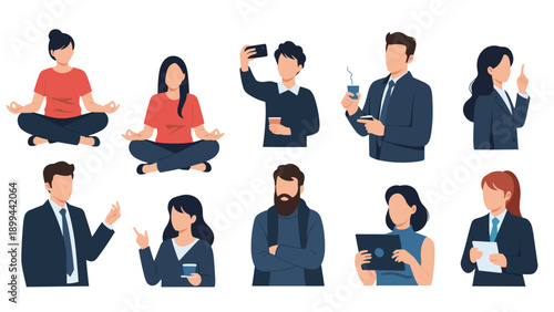Diverse group of people in various poses and activities like meditating, drinking coffee, using a tablet, and talking on a phone.