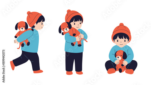 Cute young boy wearing a warm orange knit hat plays with his favorite stuffed puppy toy in several different poses.