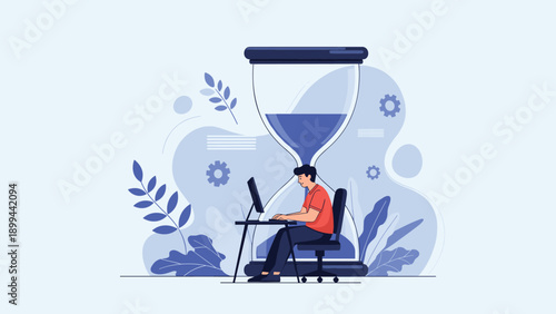 Professional man working intently on a computer with a giant hourglass in the background symbolizing time management and deadlines.