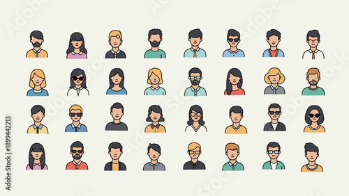 Extensive collection of thirty two simple human avatar icons with different hair colors, skin tones, and clothing styles on a light background.