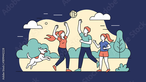 Group of friends and a playful dog having fun playing volleyball in a sunny park with trees and white clouds.