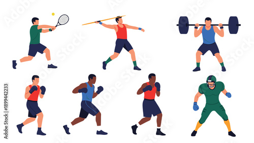 Silhouettes of athletes performing different sports activities like tennis, javelin throw, weightlifting, boxing, and football in various colors.