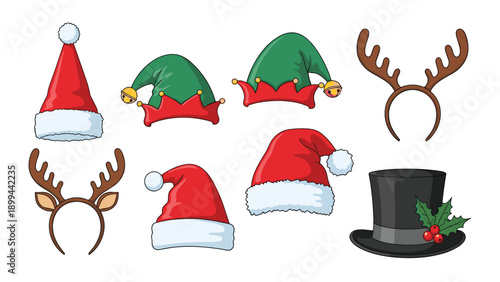Collection of festive Christmas headwear including Santa hats, elf hats with bells, reindeer antlers, and a top hat with holly.