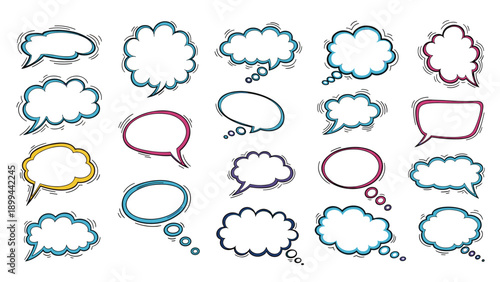 Large assortment of various hand drawn speech and thought bubbles with different shapes, outlines, and colorful borders.