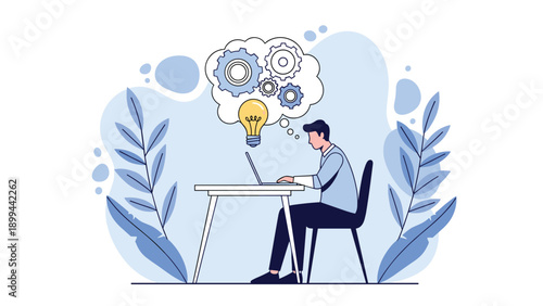 Young professional working on a laptop at a desk with creative ideas and problem solving gear symbols in a thought bubble above.